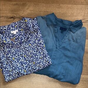 J. Jill Blue Floral Blouse & Denim V-Neck Top Bundle